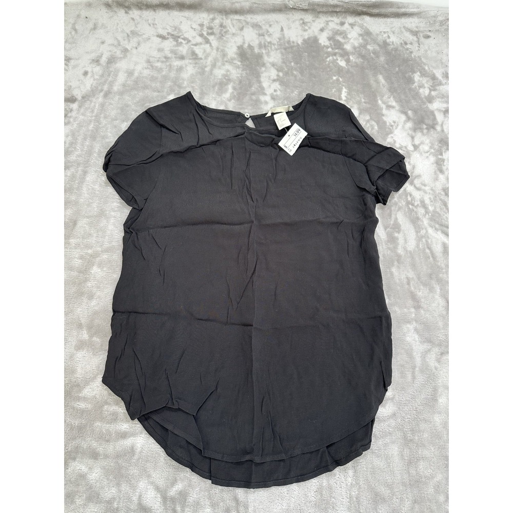 H&M Blouse Women's Size 4 Black Cap Sleeve Rounded Waistline Solid New With Tags
